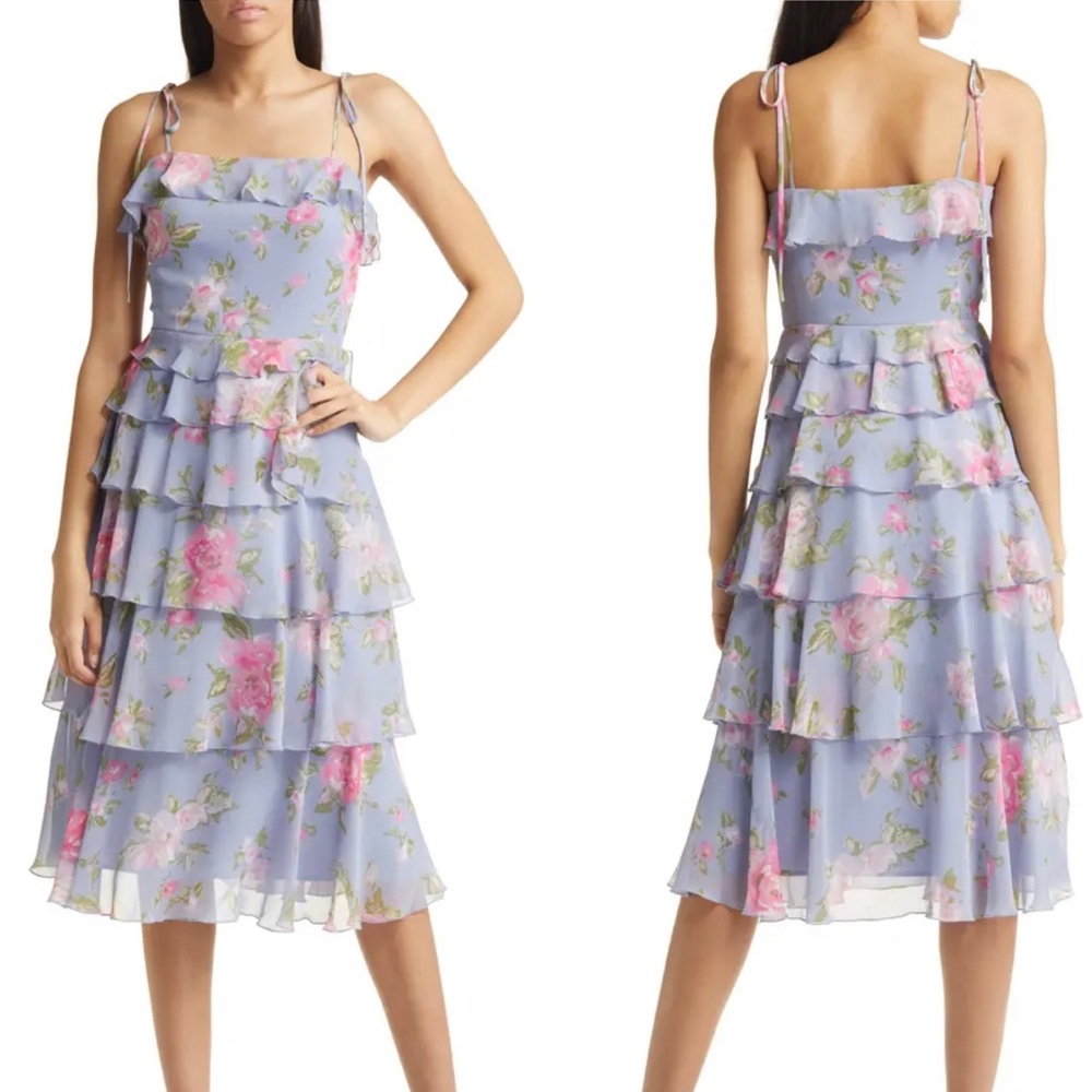 Wayf Floral Tiered Midi Dress - Blue and Pink